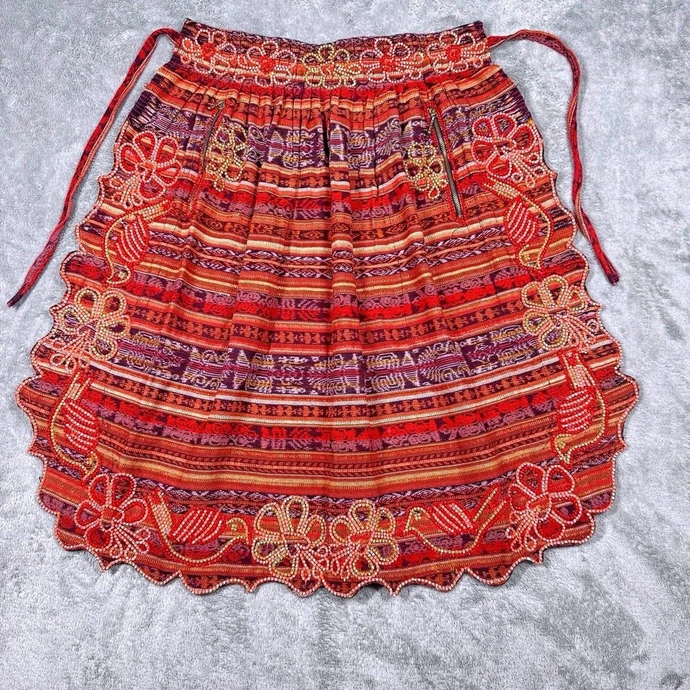 Handmade Guatemalan Embroidered Beaded Apron Floral Folk Art Boho Zipper Pockets